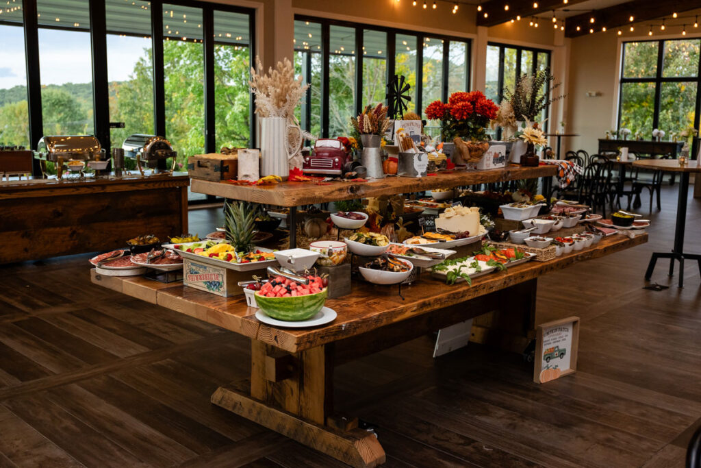 Delicious food spread on wooden table at SkyView Golf Club in New Jersey.