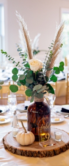 Seasonal floral table centerpiece at private event at SkyView Golf Club in New Jersey.