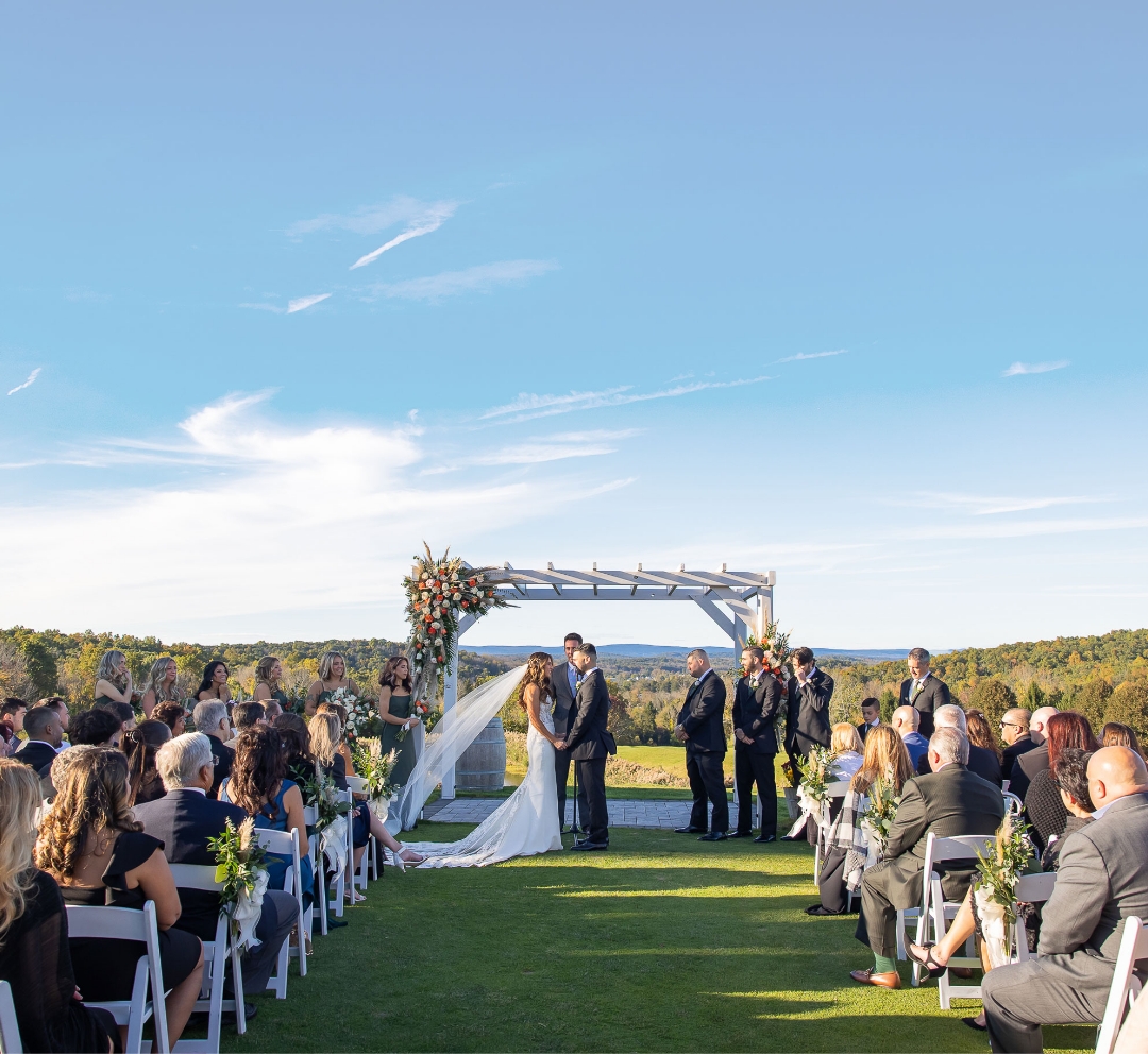 Wedding outdoors at scenic SkyView Golf Course in New Jersey.