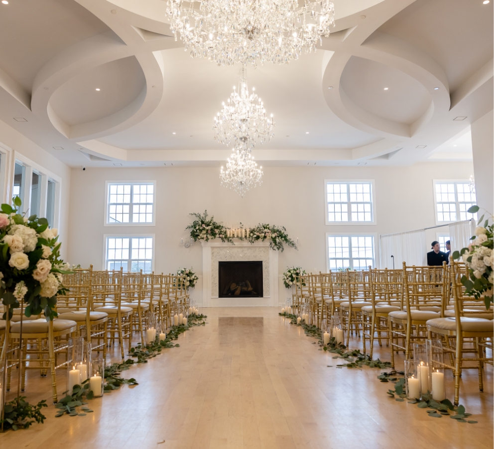 Elegant aisle in ball room at SkyView Golf Club in New Jersey.