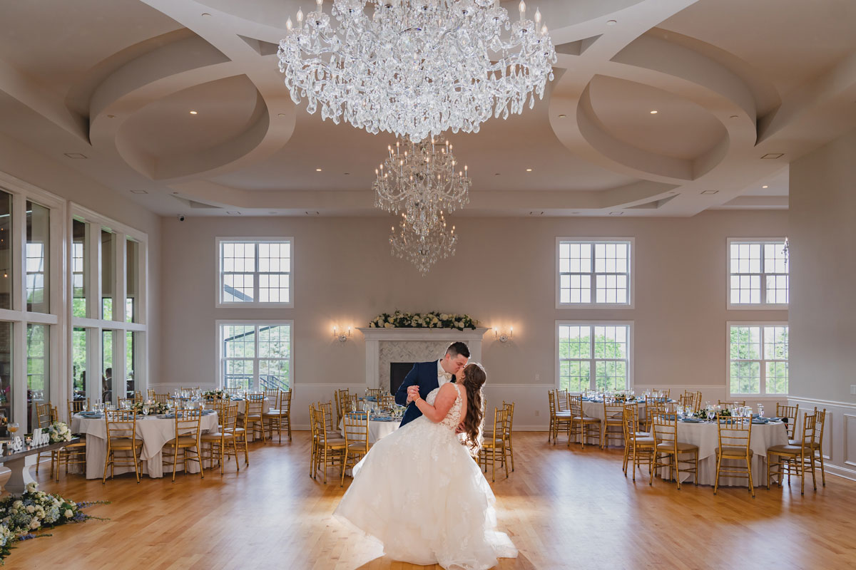 Bride and groom dancing in the elegant, spacious ballroom at SkyView Golf Club in New Jersey.