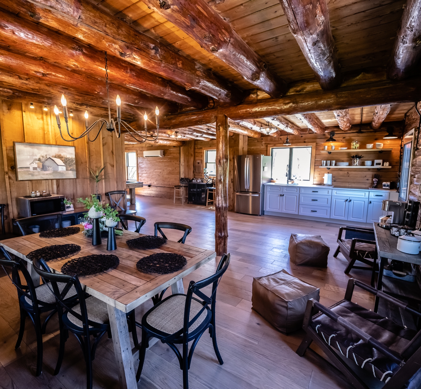Interior of log cabin on SkyView Golf Course